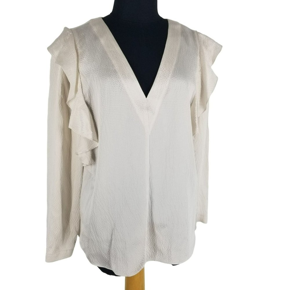 Rebecca Taylor Silk Long Sleeve V Neck Ruffle Blouse FLAWS Pink Cream